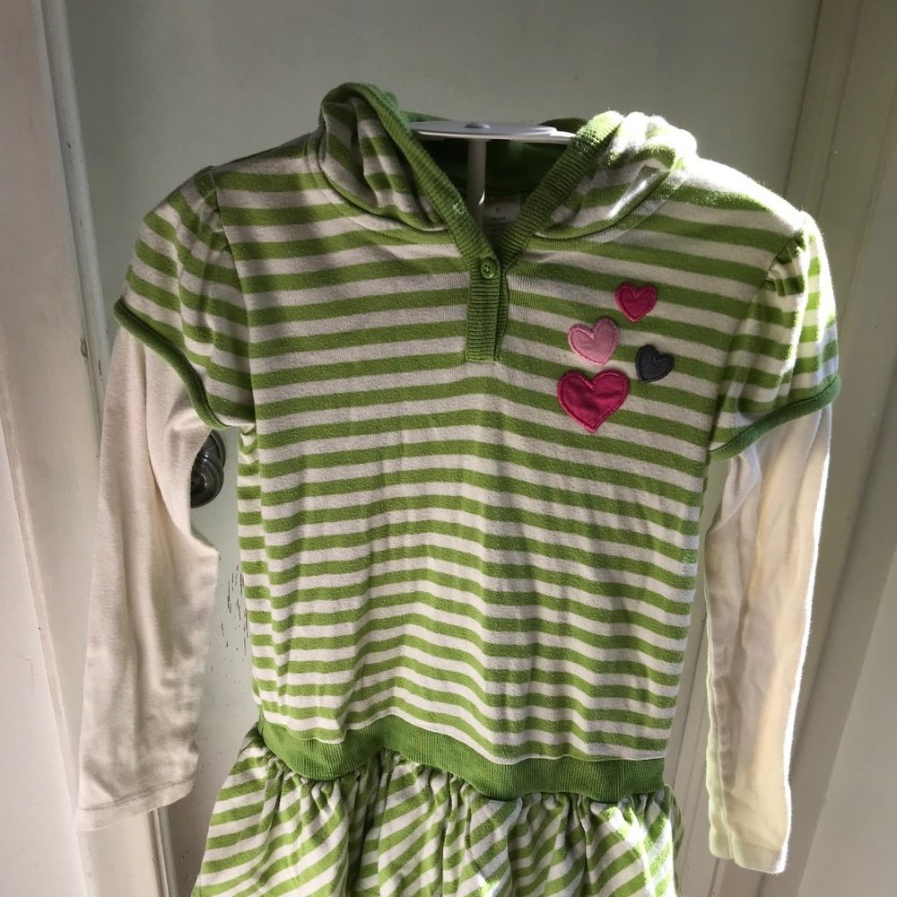 Gymboree Green & White Stripe Hoodie Dress Pink Hearts Girls Sz 8